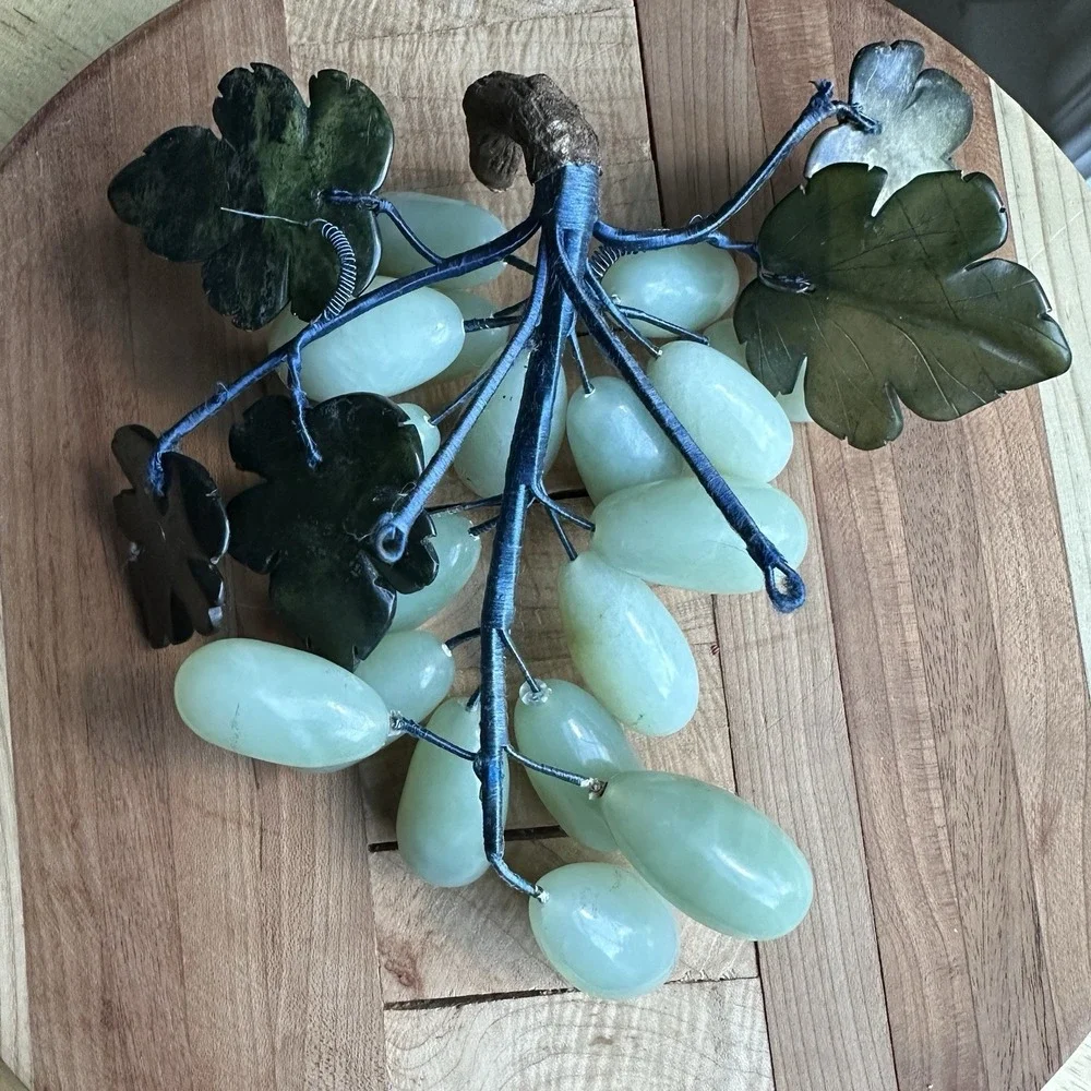 Vintage Grape Cluster 7 Inch Nephrite Jade Alabaster Leaves Mid Century Decor